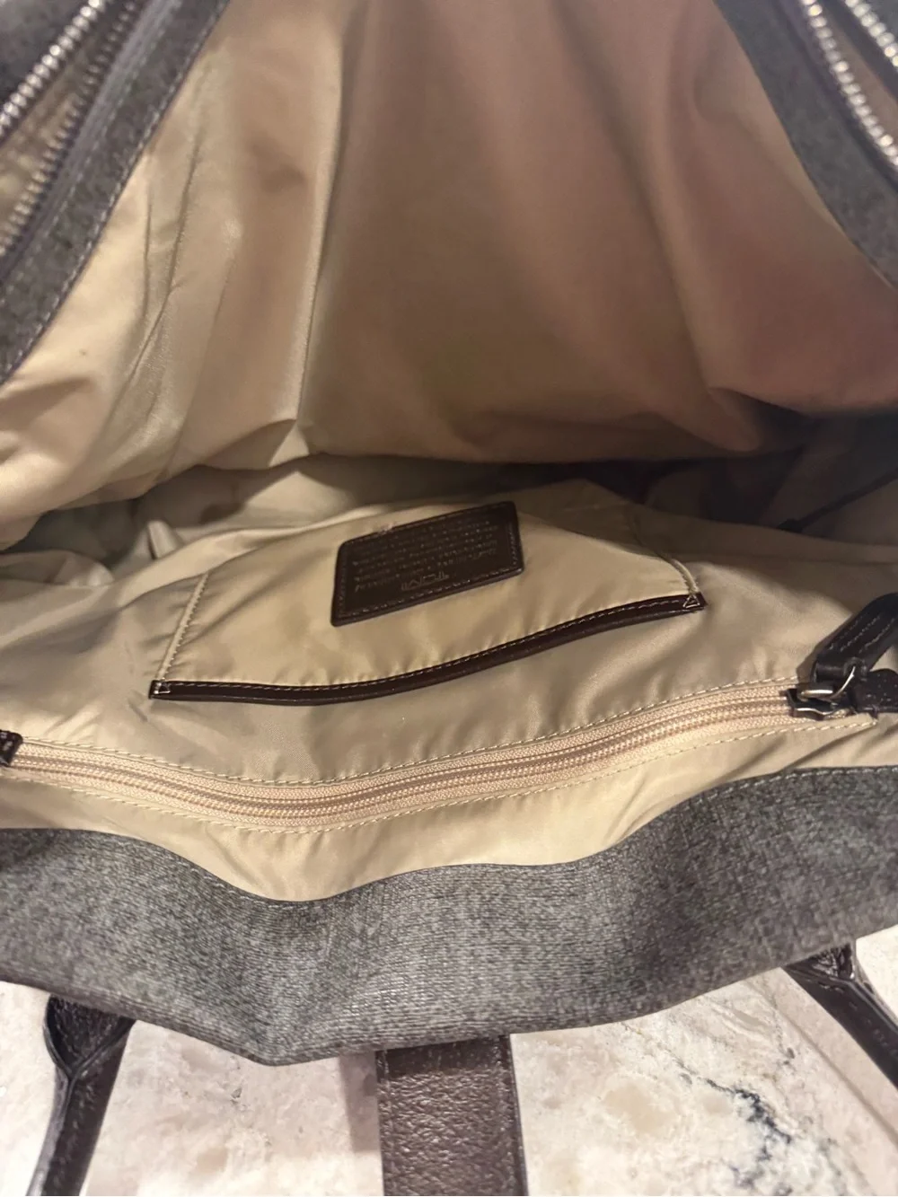 Tumi Lockable Villa Turin Shopper Laptop Bag Grey Coated Twill Brown Leather